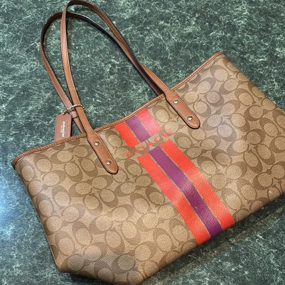 Coach Brown and Red Signature Tote with Leather Handles - Picture 2 of 8